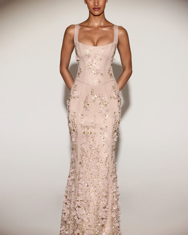 Sand Embellished Appliqué Soft-Scoop Corset Gown