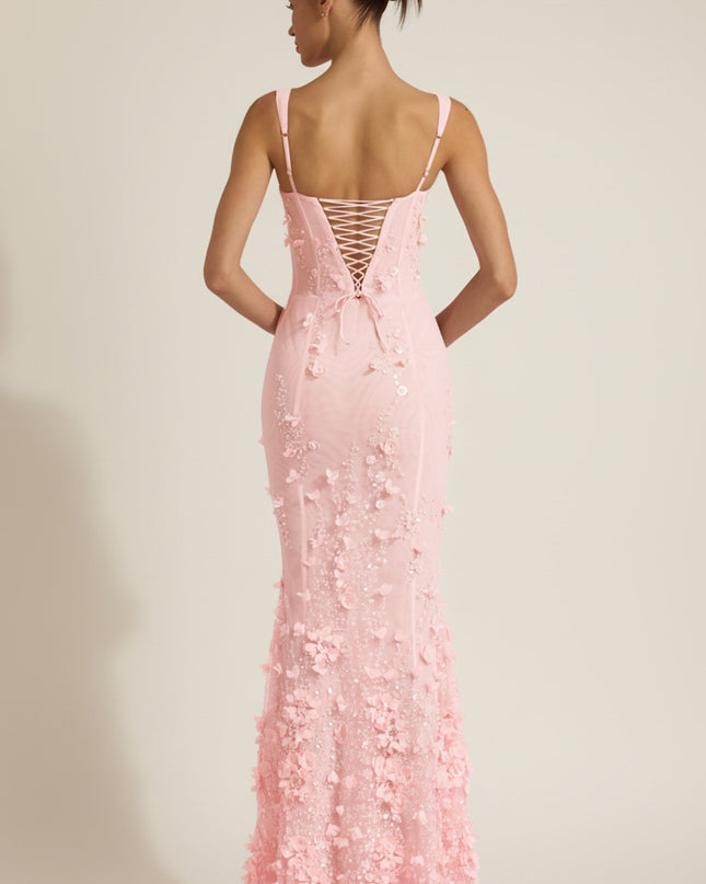 Peony Embellished Appliqué Soft-Scoop Corset Gown