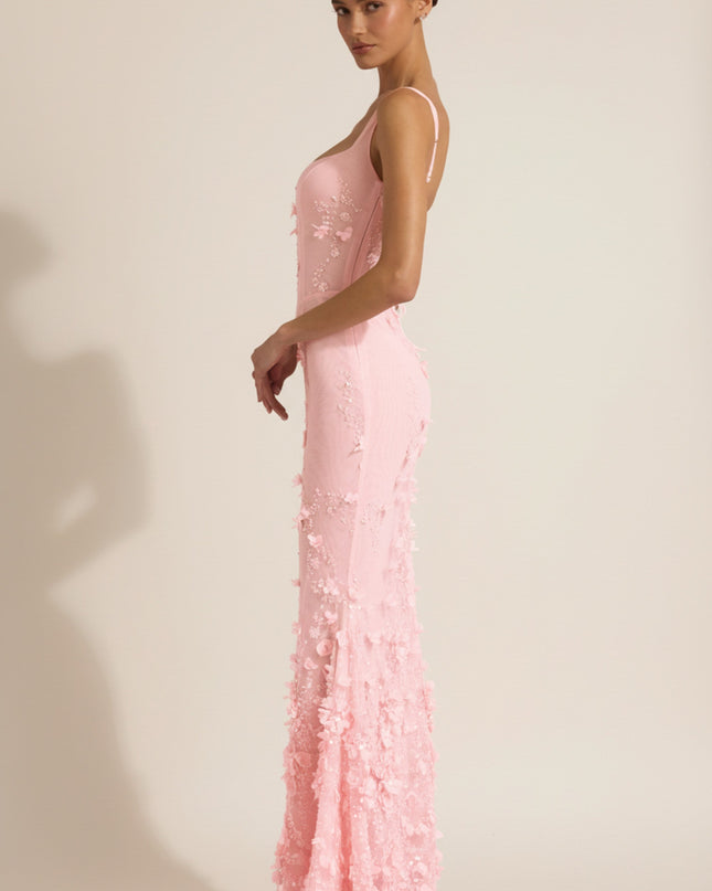 Peony Embellished Appliqué Soft-Scoop Corset Gown