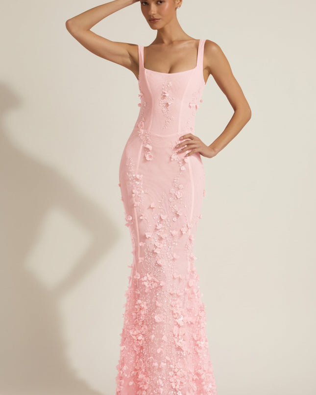 Peony Embellished Appliqué Soft-Scoop Corset Gown