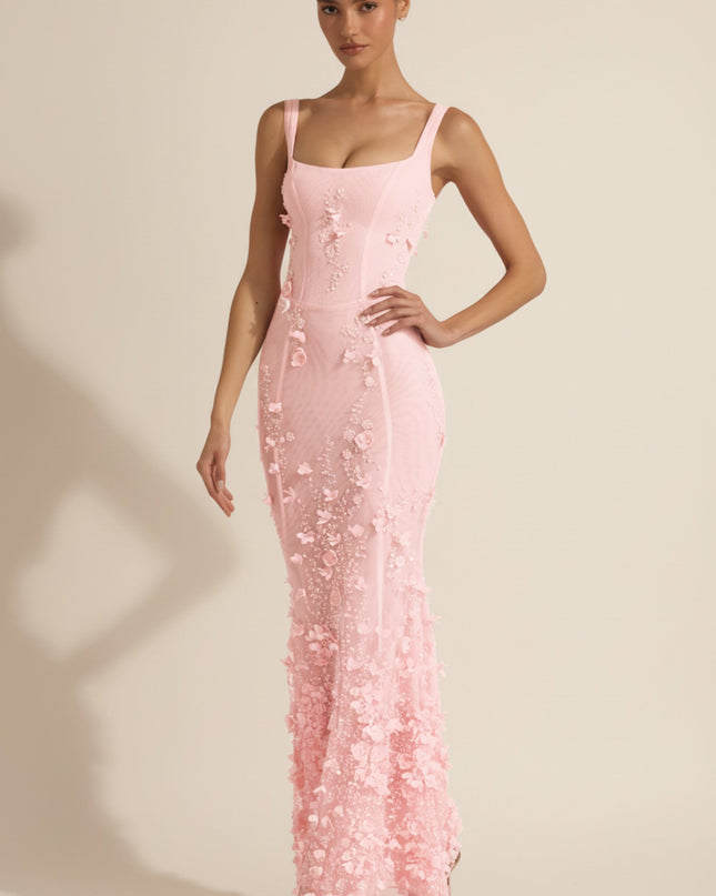 Peony Embellished Appliqué Soft-Scoop Corset Gown