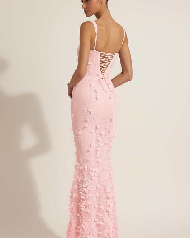 Peony Embellished Appliqué Soft-Scoop Corset Gown