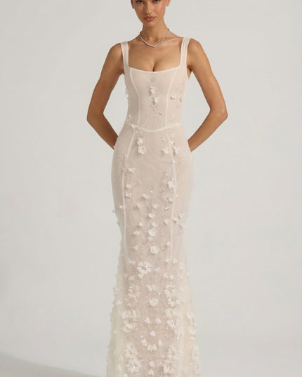 Snow Embellished Appliqué Soft-Scoop Corset Gown