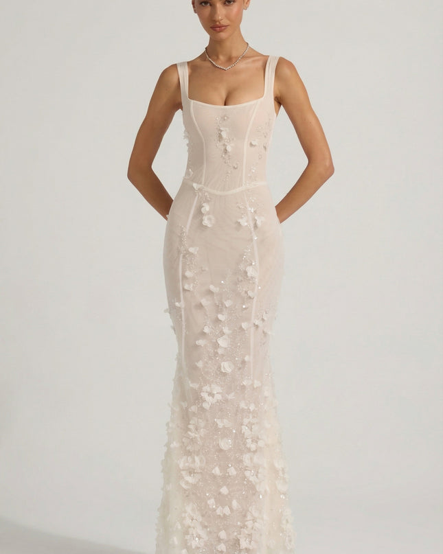 Snow Embellished Appliqué Soft-Scoop Corset Gown