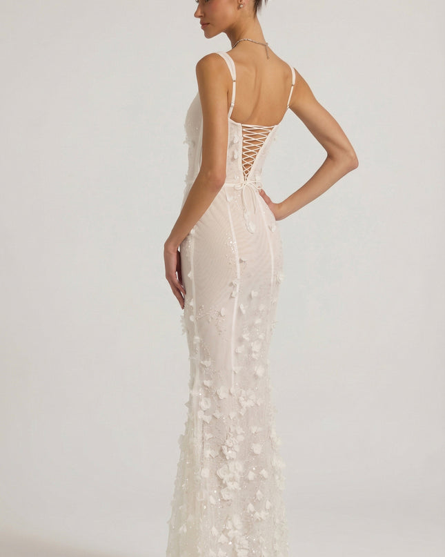 Snow Embellished Appliqué Soft-Scoop Corset Gown
