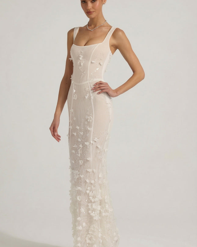 Snow Embellished Appliqué Soft-Scoop Corset Gown