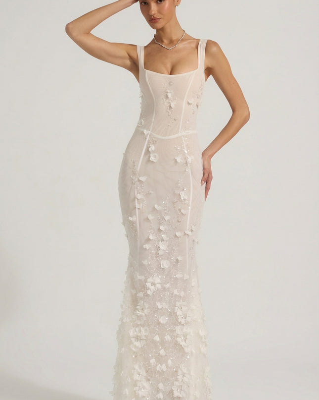 Snow Embellished Appliqué Soft-Scoop Corset Gown