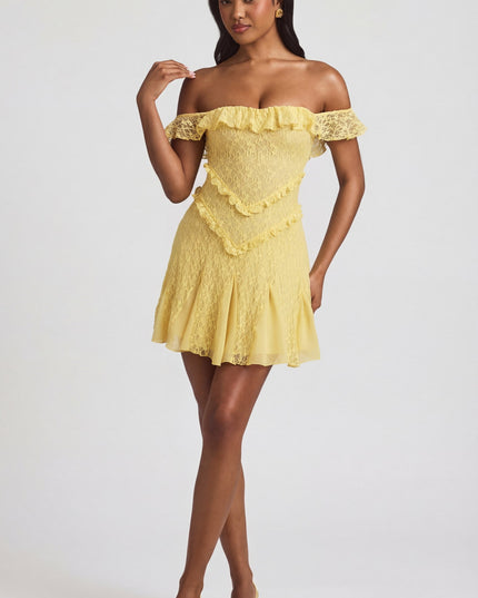 Pastel Yellow Off-Shoulder Lace A-Line Mini Dress