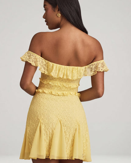 Pastel Yellow Off-Shoulder Lace A-Line Mini Dress
