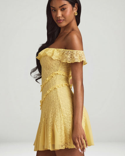 Pastel Yellow Off-Shoulder Lace A-Line Mini Dress