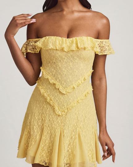 Pastel Yellow Off-Shoulder Lace A-Line Mini Dress