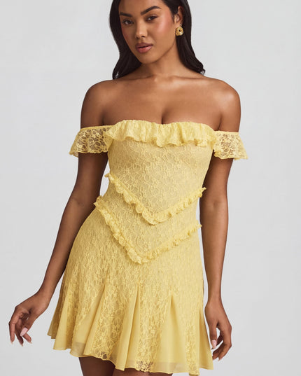 Pastel Yellow Off-Shoulder Lace A-Line Mini Dress