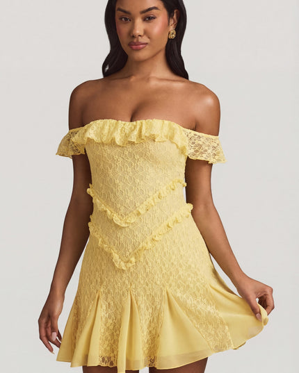 Pastel Yellow Off-Shoulder Lace A-Line Mini Dress