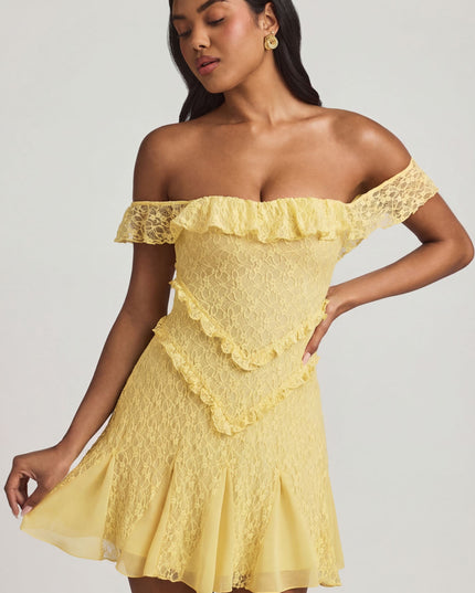 Pastel Yellow Off-Shoulder Lace A-Line Mini Dress