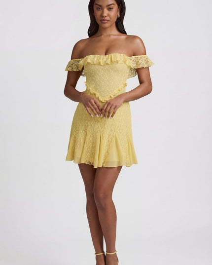 Pastel Yellow Off-Shoulder Lace A-Line Mini Dress
