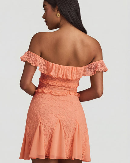 Peach Off-Shoulder Lace A-Line Mini Dress