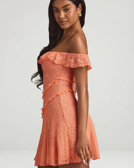 Peach Off-Shoulder Lace A-Line Mini Dress