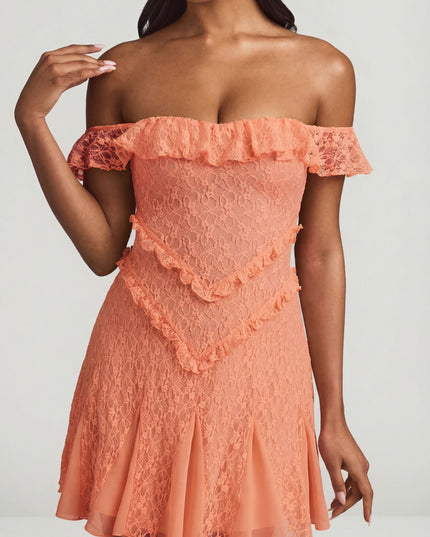 Peach Off-Shoulder Lace A-Line Mini Dress