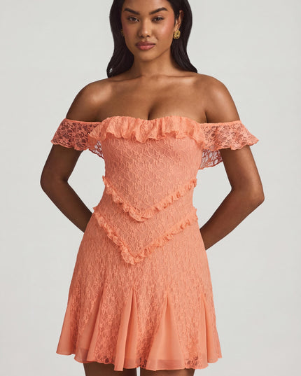 Peach Off-Shoulder Lace A-Line Mini Dress