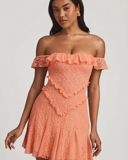 Peach Off-Shoulder Lace A-Line Mini Dress