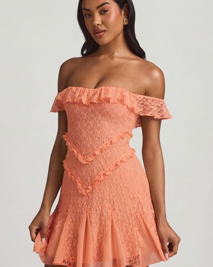 Peach Off-Shoulder Lace A-Line Mini Dress