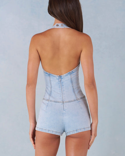 Light Denim Button-Down Halterneck Playsuit