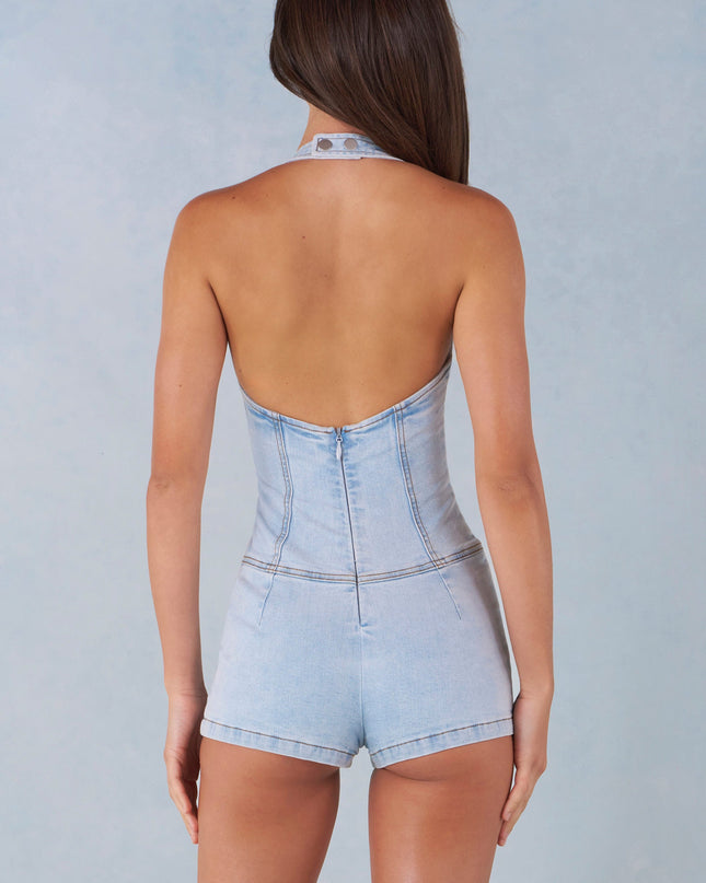 Light Denim Button-Down Halterneck Playsuit