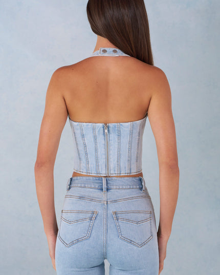 Light Denim Halterneck Denim Corset Style Top