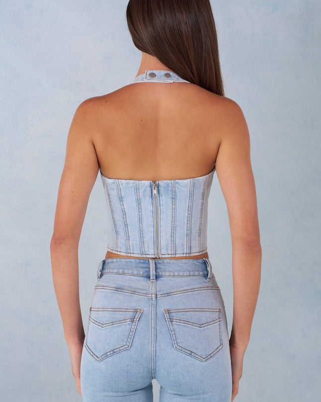 Light Denim Halterneck Denim Corset Style Top