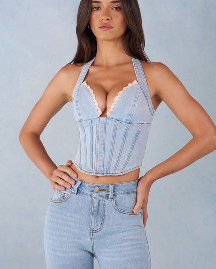 Light Denim Halterneck Denim Corset Style Top