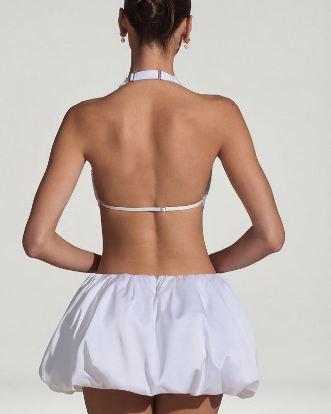 White Embellished Cut-Out Bubble Hem Mini Dress