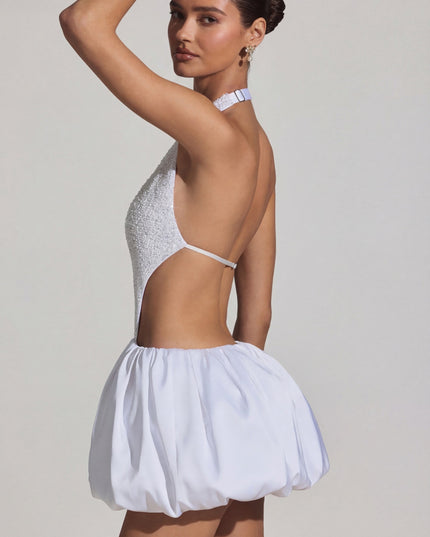 White Embellished Cut-Out Bubble Hem Mini Dress