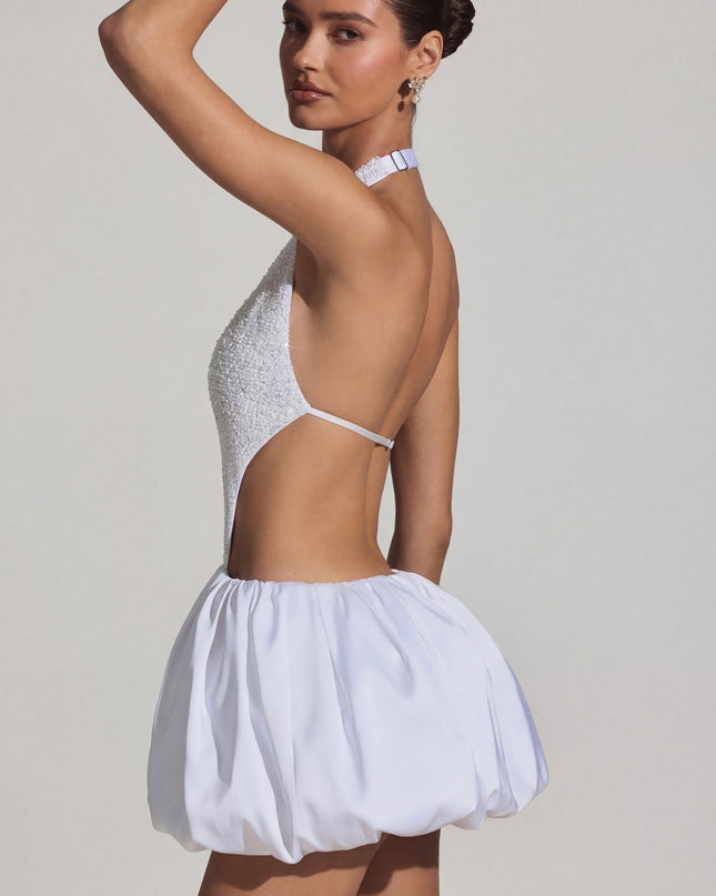 White Embellished Cut-Out Bubble Hem Mini Dress