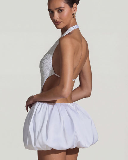 White Embellished Cut-Out Bubble Hem Mini Dress