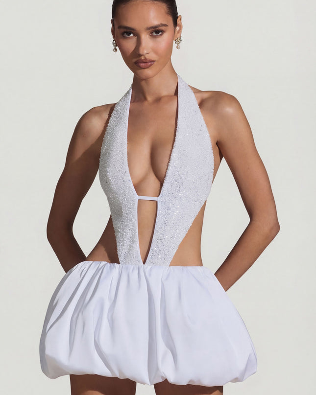 White Embellished Cut-Out Bubble Hem Mini Dress