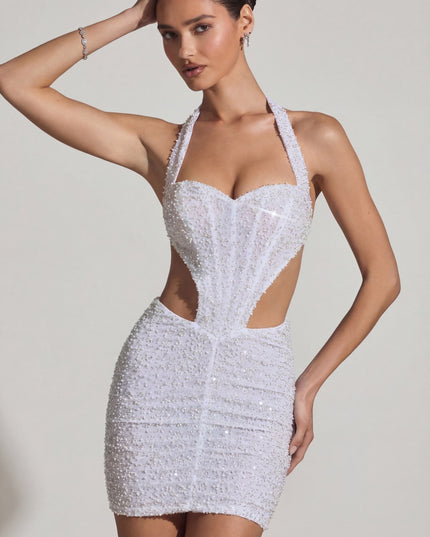 White Embellished Cut-Out Halterneck Mini Dress