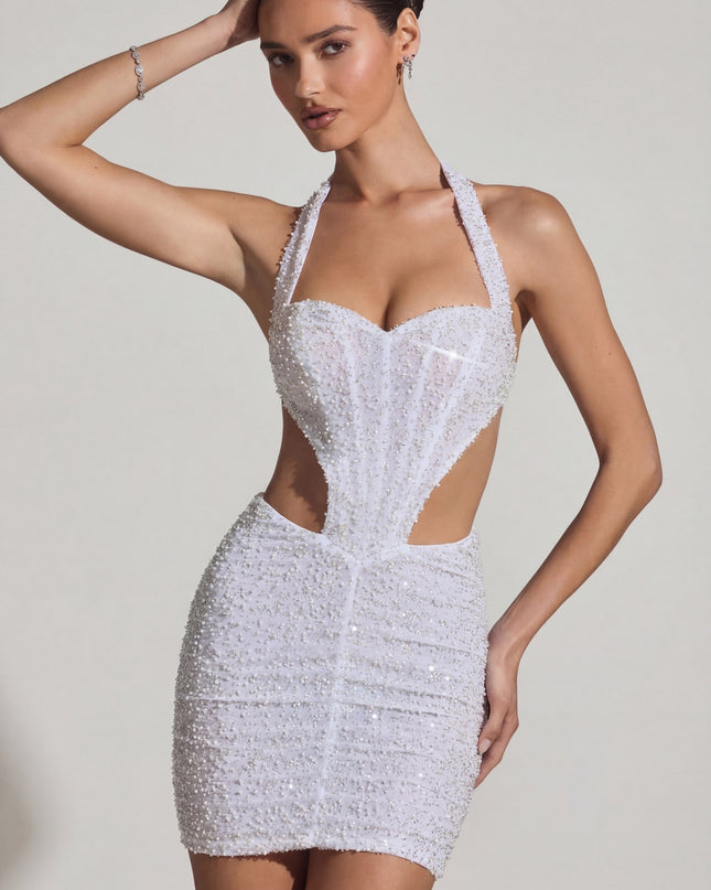 White Embellished Cut-Out Halterneck Mini Dress