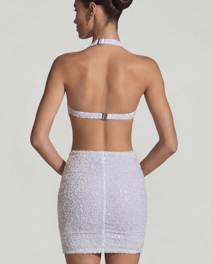 White Embellished Cut-Out Halterneck Mini Dress