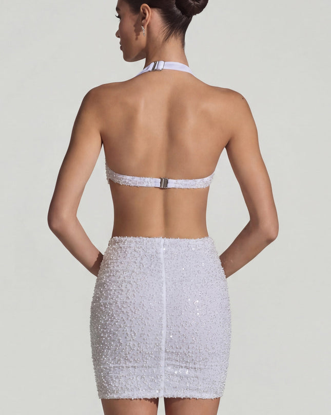 White Embellished Cut-Out Halterneck Mini Dress