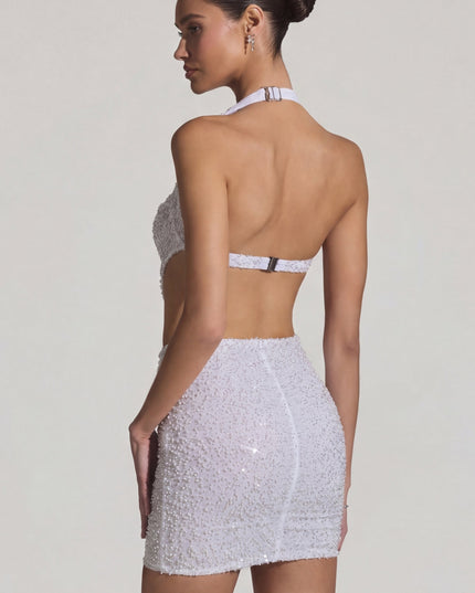 White Embellished Cut-Out Halterneck Mini Dress