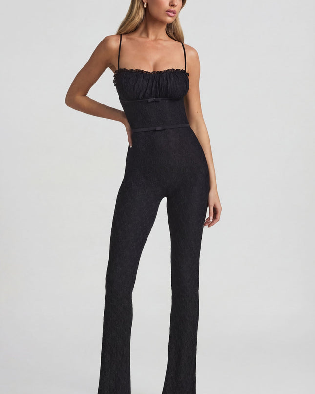 Black Bow-Detail Lace Flared Jumpsuit