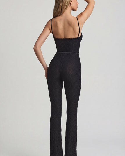 Black Bow-Detail Lace Flared Jumpsuit