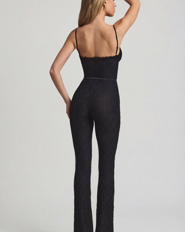 Black Bow-Detail Lace Flared Jumpsuit