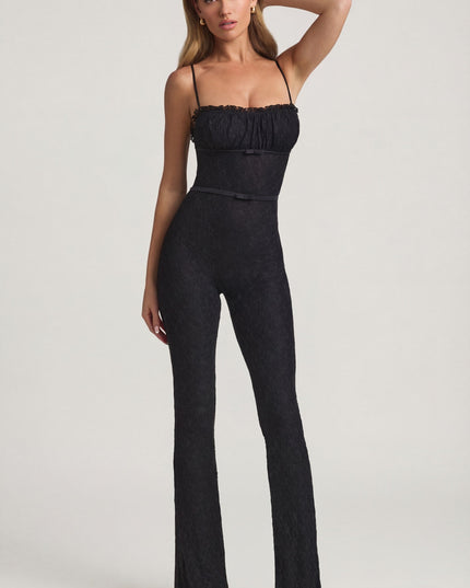 Black Bow-Detail Lace Flared Jumpsuit