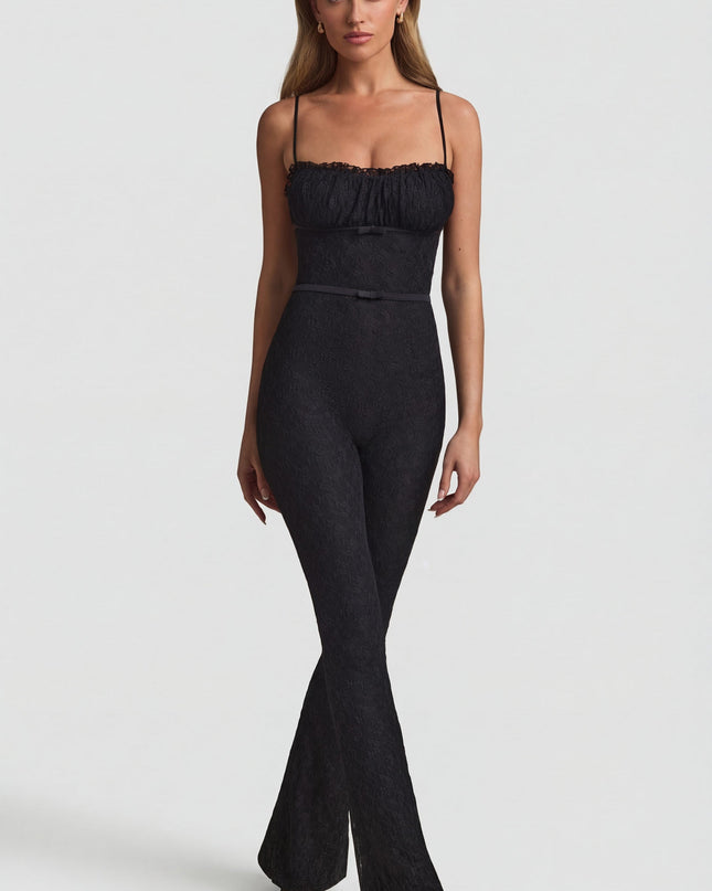 Black Bow-Detail Lace Flared Jumpsuit