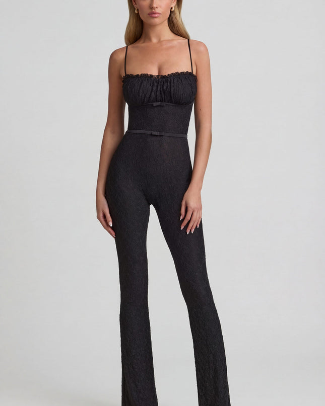 Black Bow-Detail Lace Flared Jumpsuit