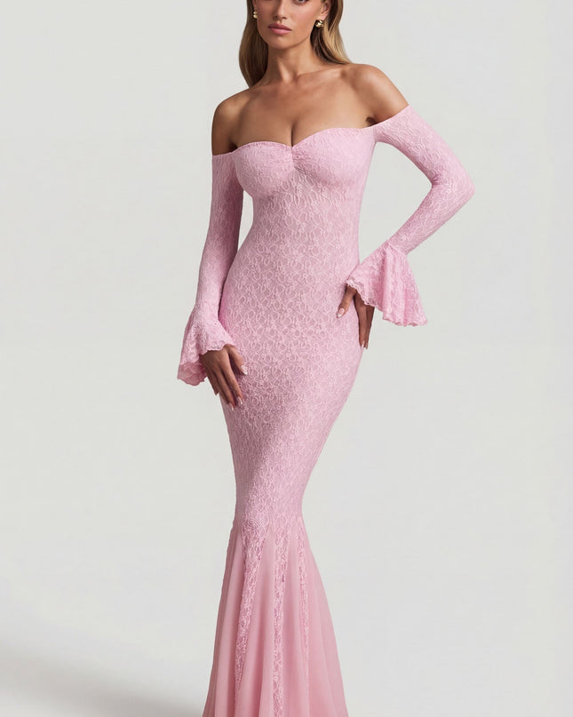 Soft Pink Off-Shoulder Ruffle Lace Maxi Dress