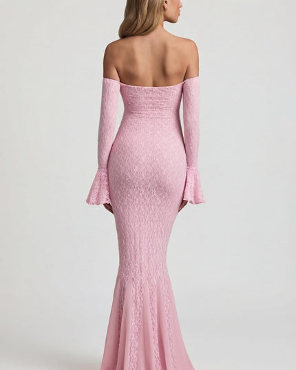 Soft Pink Off-Shoulder Ruffle Lace Maxi Dress