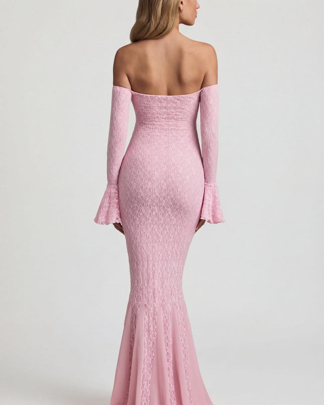 Soft Pink Off-Shoulder Ruffle Lace Maxi Dress