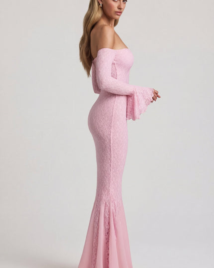 Soft Pink Off-Shoulder Ruffle Lace Maxi Dress